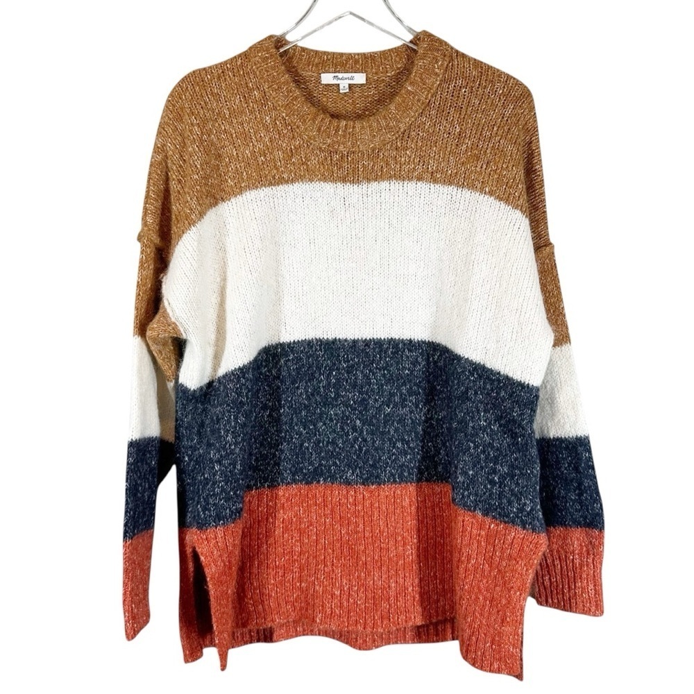 MADEWELL Women's Medium Oversized Chunky Crewneck Sweater Striped Earth Tones
